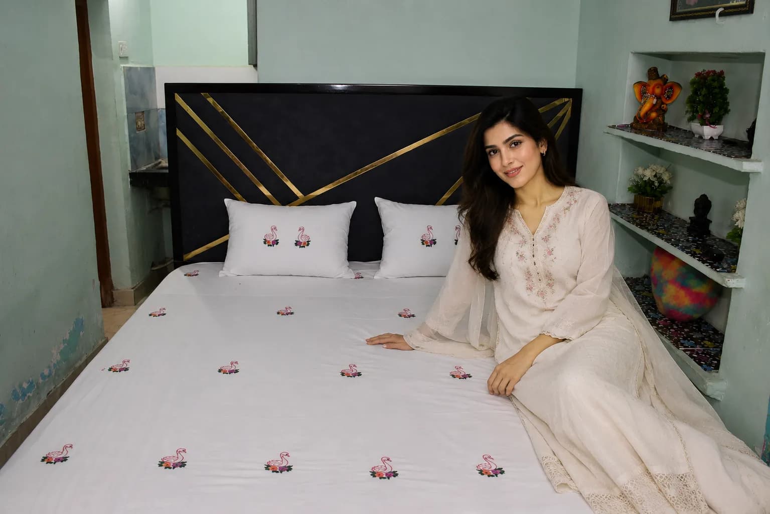 Swadha Premium Flamingo Embroidered White Double Bedsheet with 2 Pillow Covers | Handmade Embroidery | Soft Cotton Blend