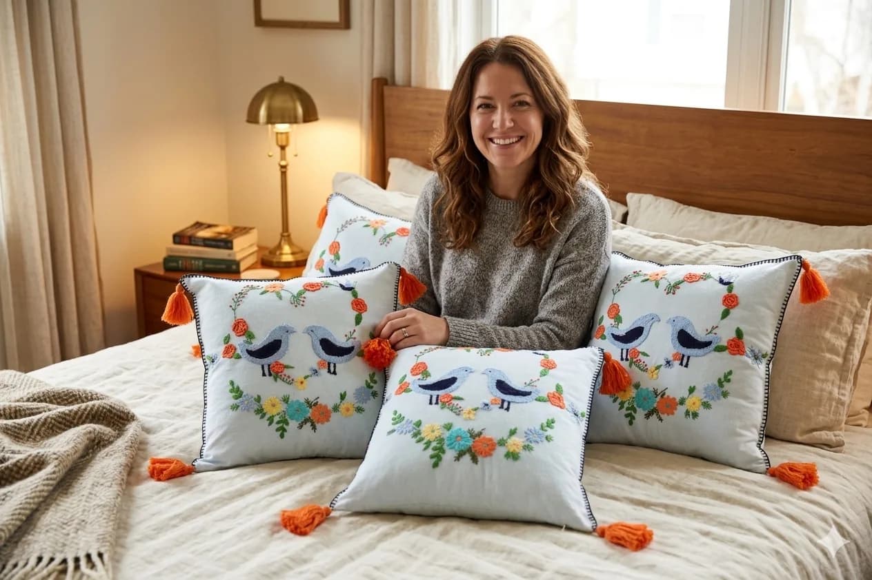 Handcrafted Embroidered Cushion Covers with Bird & Floral Design | Decorative Throw Pillow Covers with Tassels | Boho Ho