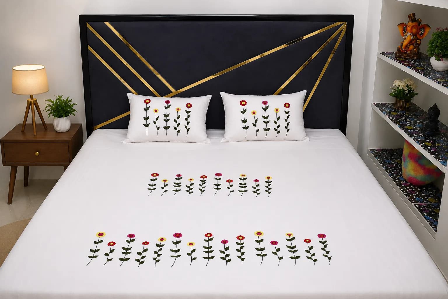 Swadha Premium Floral Embroidered White Bedsheet with 2 Pillow Covers | Handmade Embroidery | Cotton Blend | King Size