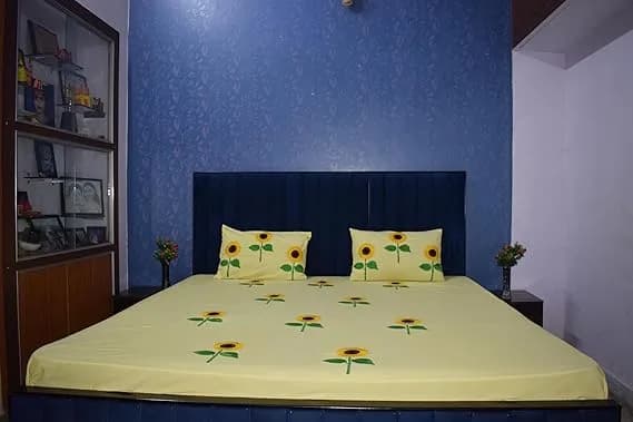 Swadha Handcrafted Cotton Double Bedsheet with Sunflower Embroidery, Soft Fabric, 2 Pillow Covers, Yellow