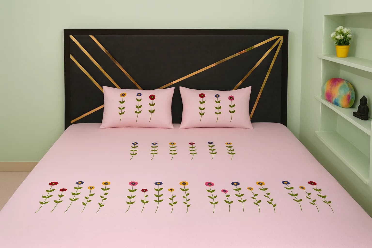 SWADHA Handmade Embroidered Cotton Bedsheet Set with 2 Pillow Covers, Pink, Floral Aari Embroidery, Soft Double Bed, Lux