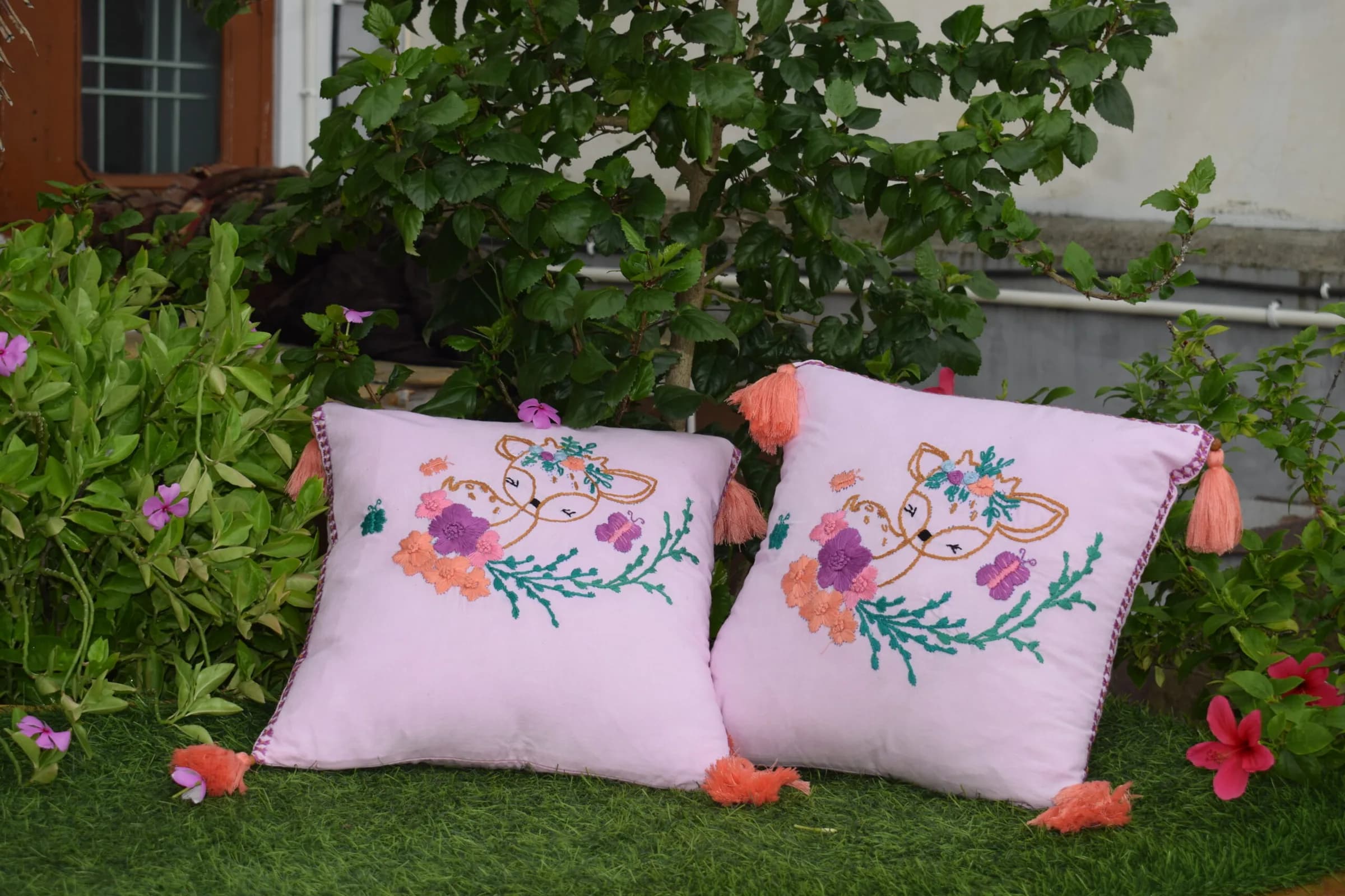 Swadha Handicraft Cotton Embroidered Cushion Cover Set, Hand Stitched Boho Decorative Floral Deer Design, Square Shape, 