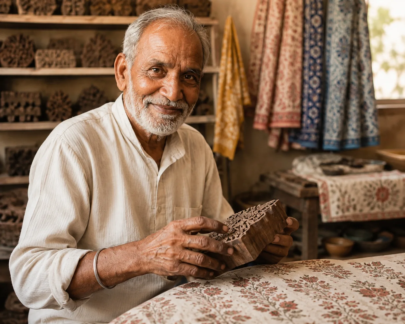 Portrait of a master block printer in his Jaipur workshop